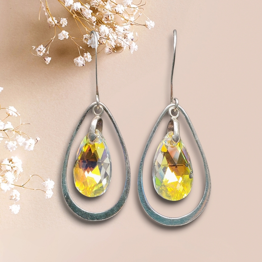 Handmade Artisan Teardrop Earrings 925 SS And Faceted Aurora Borealis Crystals